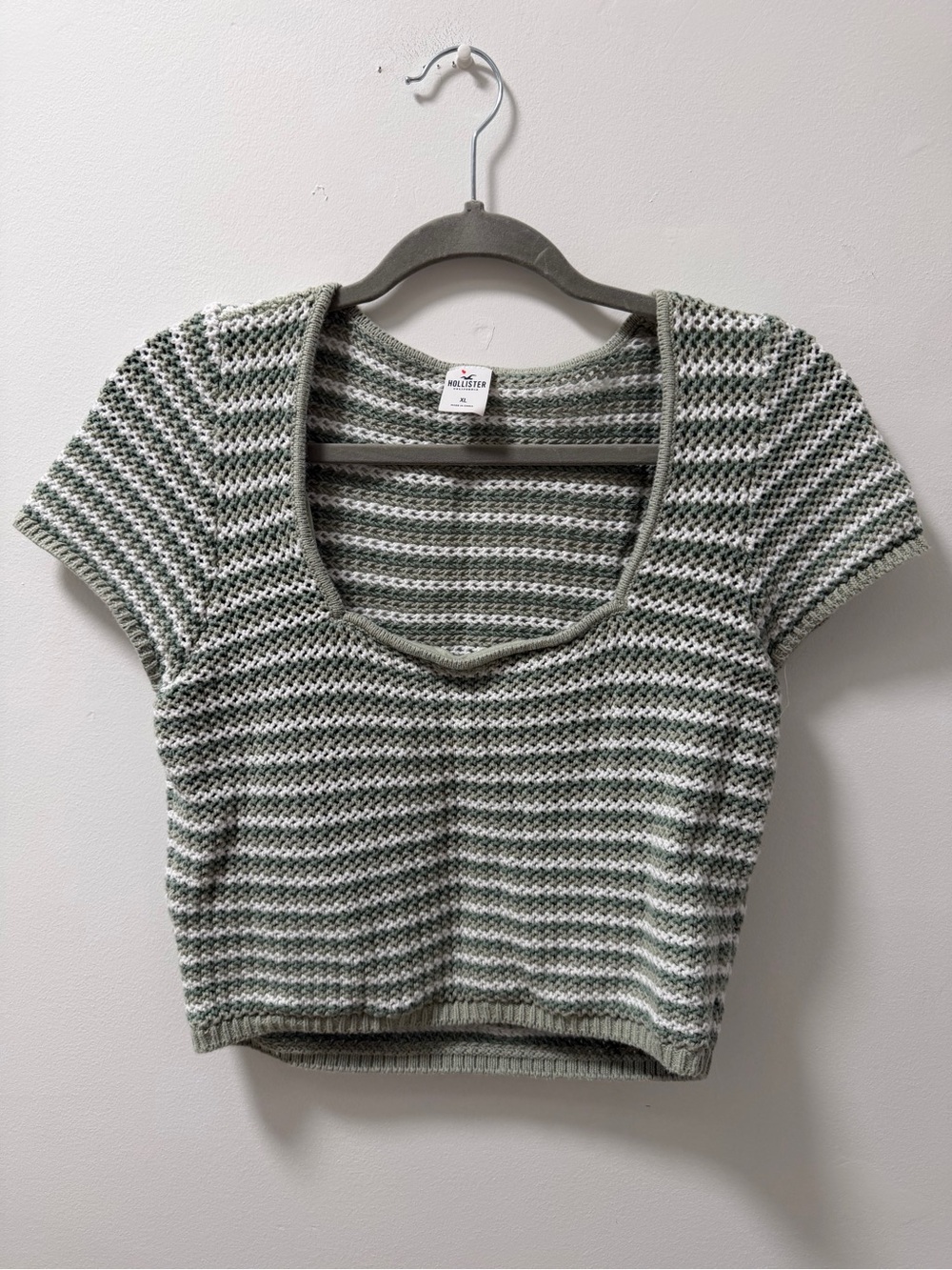 Hollister Sage Green & White Striped Knit Scoop Crop Top
